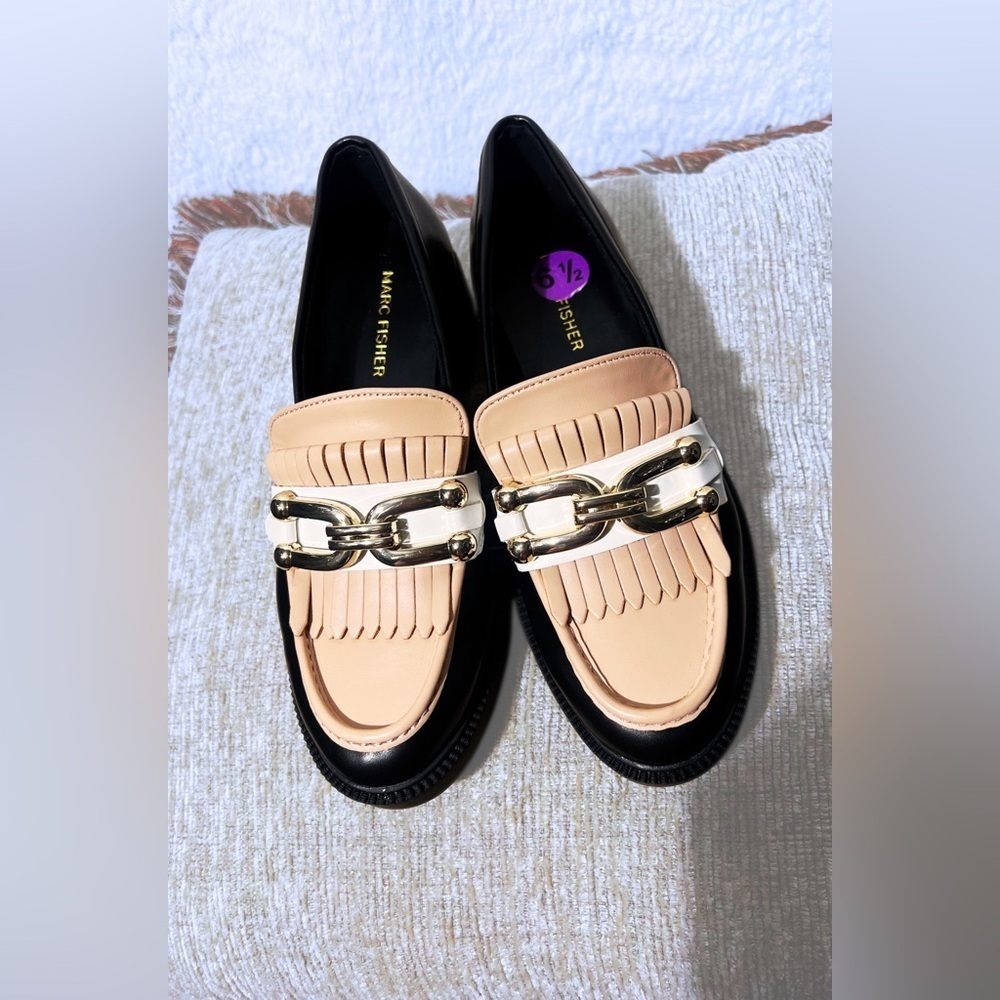 Marc Fisher Black, Cream, and Tan Loafers with Gold Detail - Picture 5 of 7